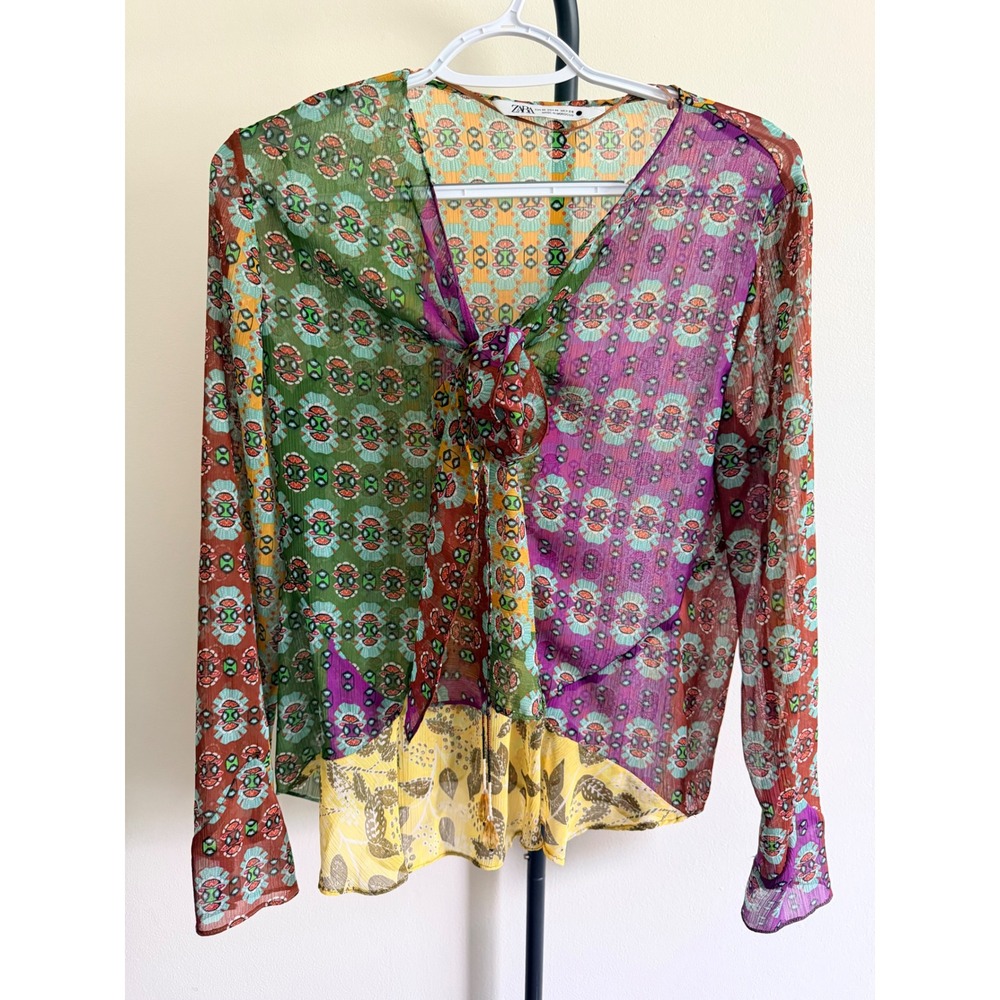 Zara Women Multi Color Patchwork Geometric Print Tie Front Beaded Blouse Medium